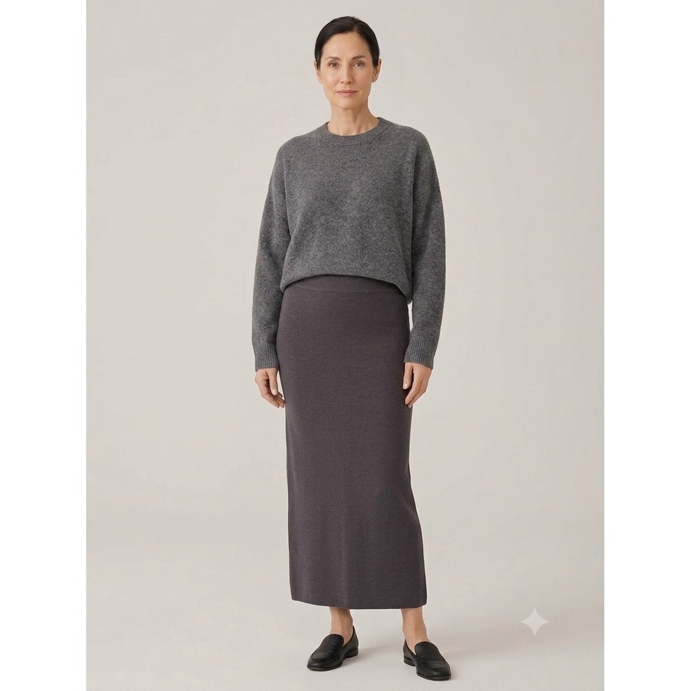 NWOT Eileen Fisher M 100% Wool Knit Long Straight Skirt Taupe Quiet Luxury